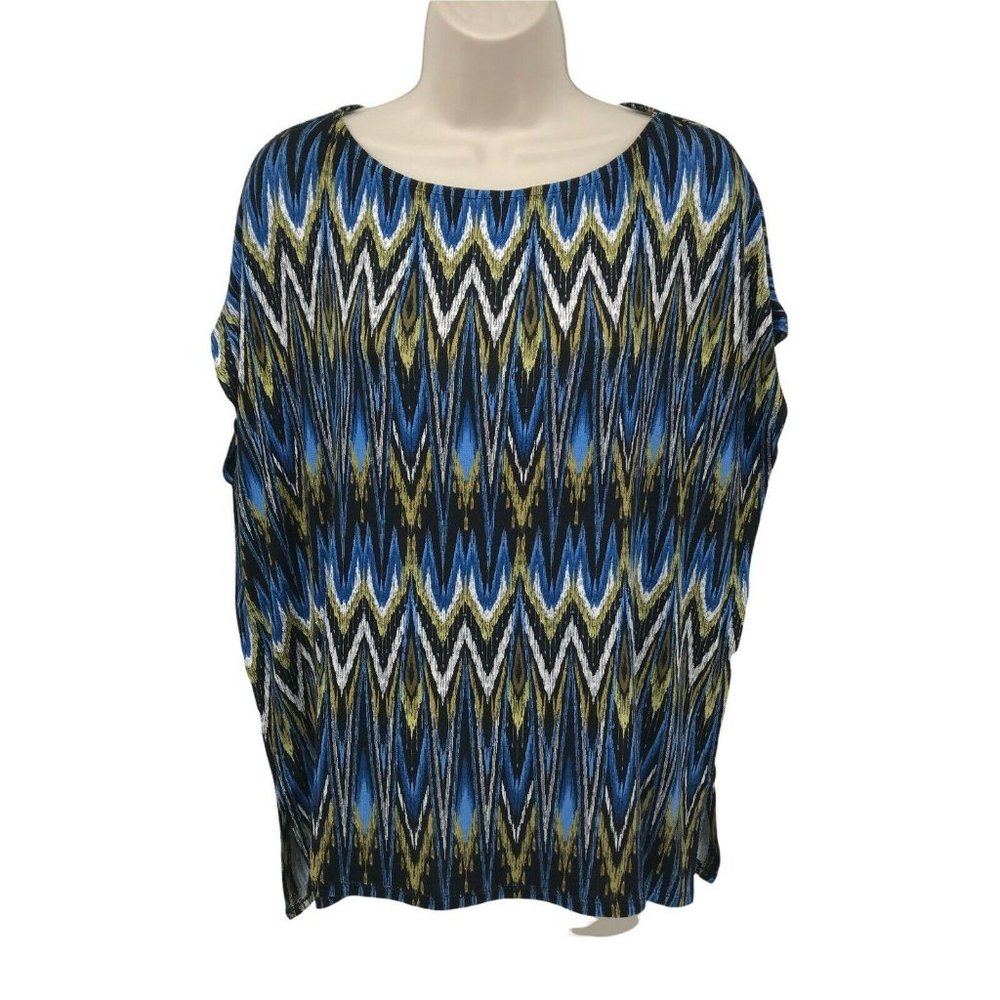 J.Jill Womens Round Neck Chevron Pullover Multicolor Stretchy Blouse Top Sz XS/S